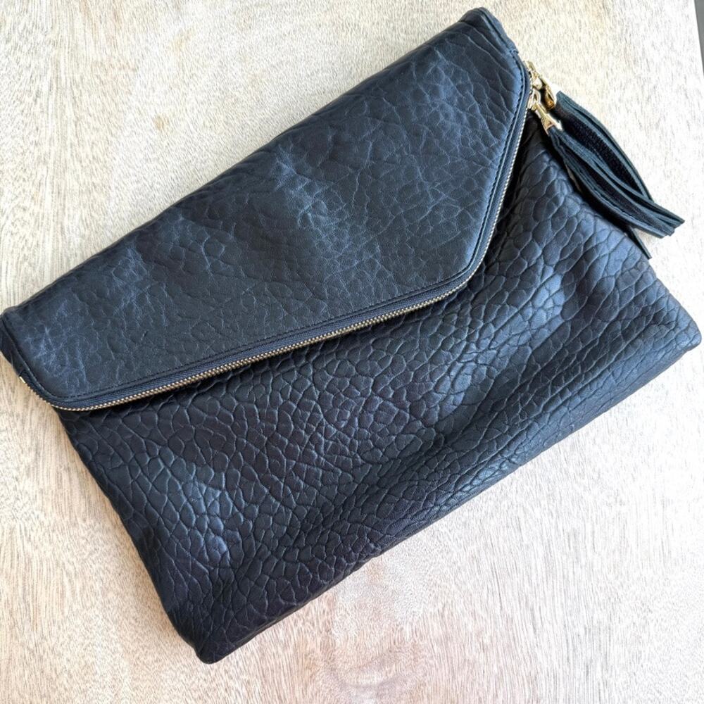 Henri Bendel Foldover Clutch Pebbled Black Leather ZipTassel Accent Bag Designer